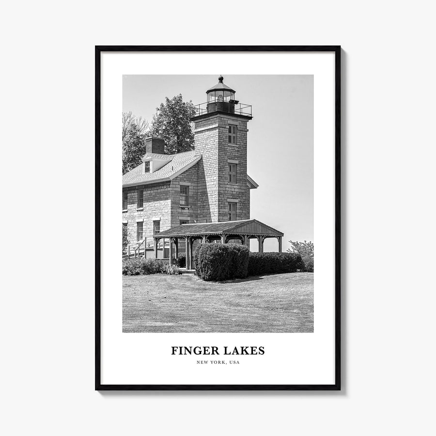 Finger Lakes black & white classic poster of New York, USA – vertical wall art, unframed print shown in interior mockup
