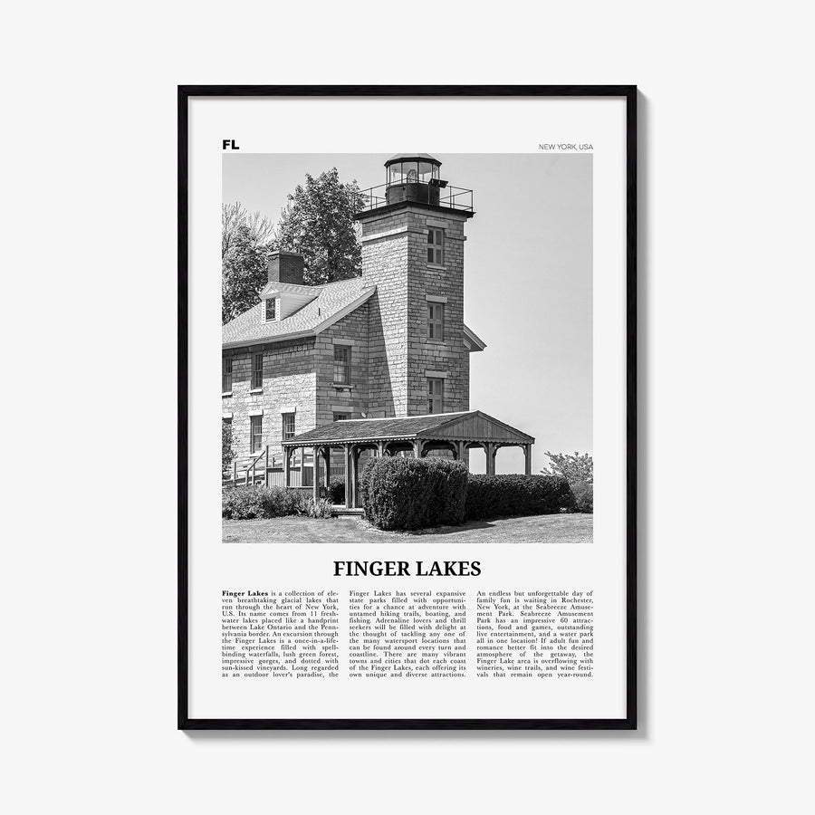 Finger Lakes black & white newspaper poster of New York, USA – vertical wall art, unframed print shown in interior mockup
