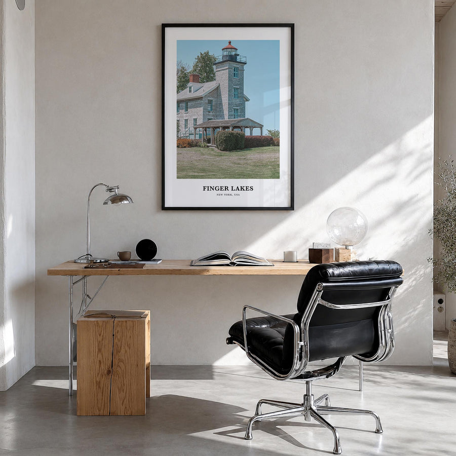Finger Lakes colorful classic poster of New York, USA – vertical wall art in black wood frame, hanging on wall