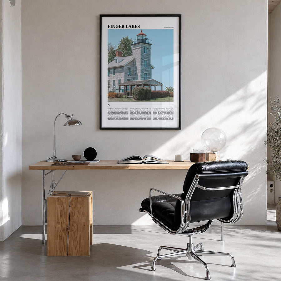 Finger Lakes colorful travel poster of New York, USA – vertical wall art in black wood frame, hanging on wall