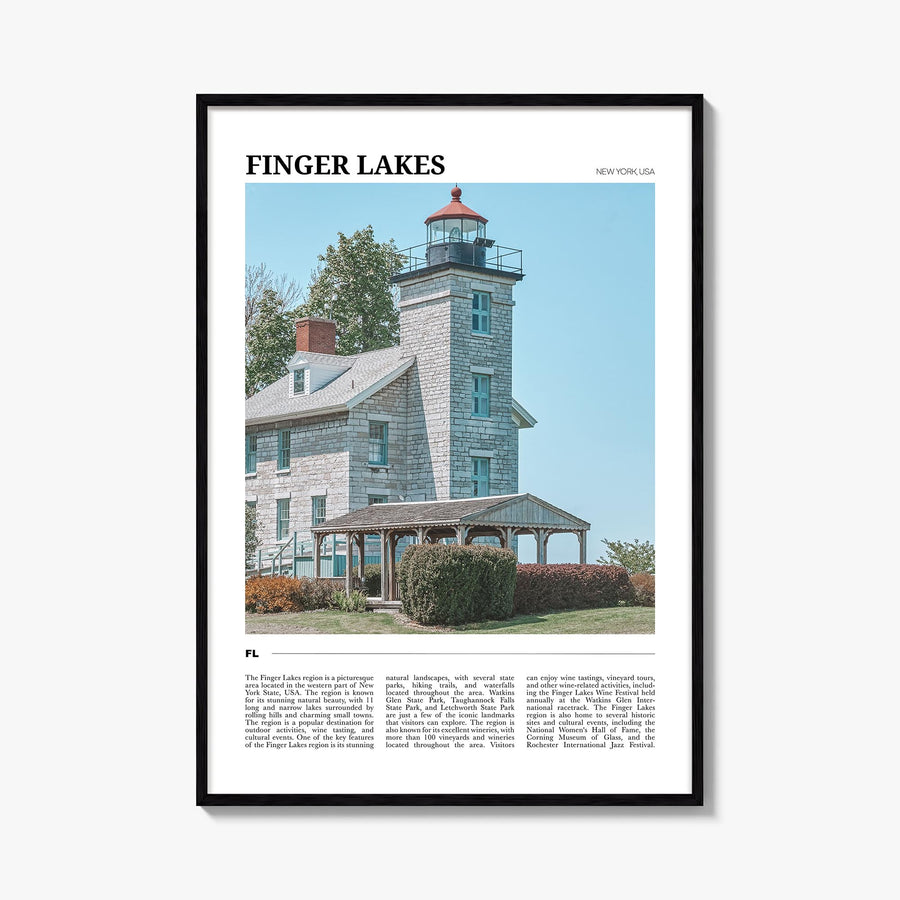 Finger Lakes colorful travel poster of New York, USA – vertical wall art, unframed print shown in interior mockup