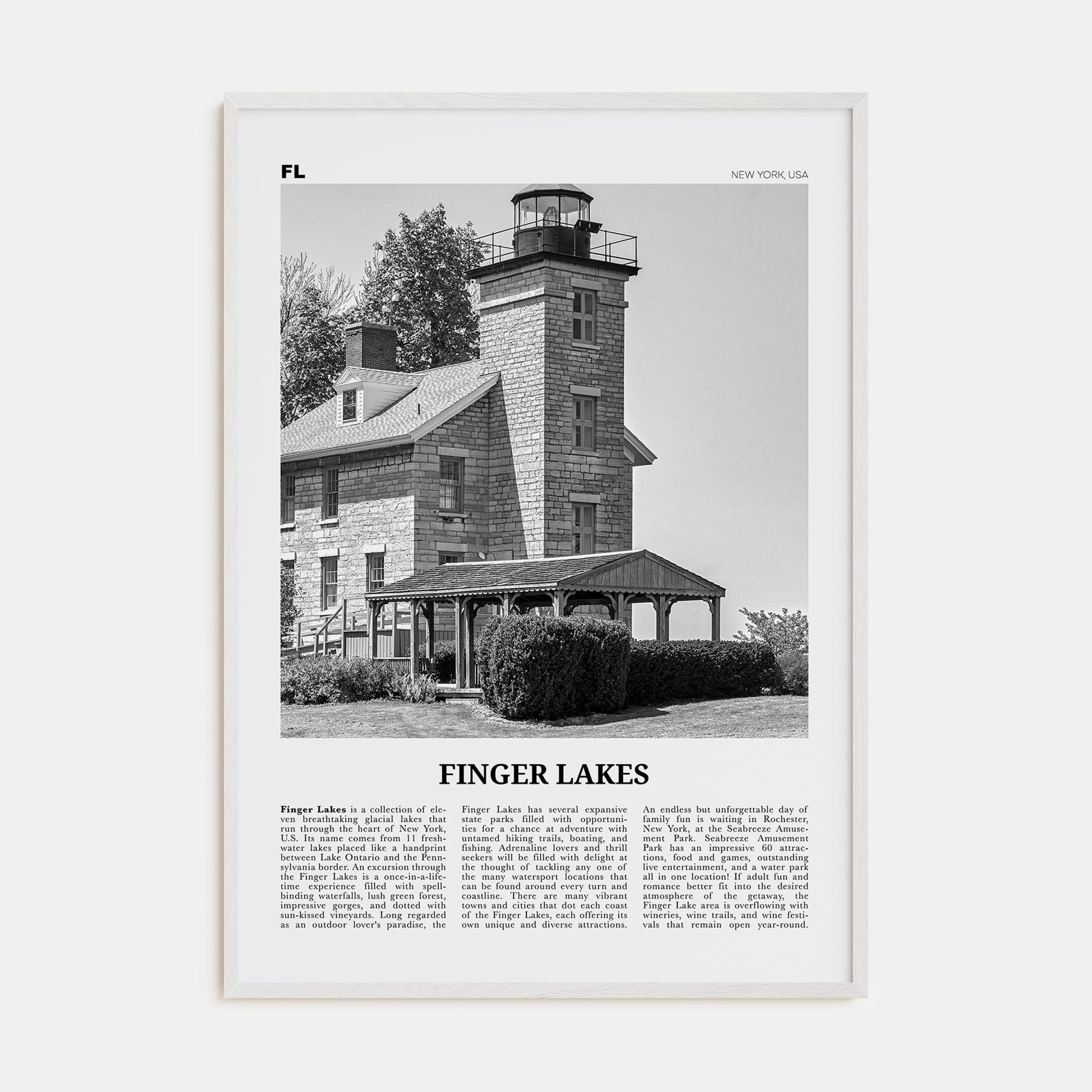 Finger Lakes Poster White Wood / 8x12 in Nbourhood Travel B&W Poster