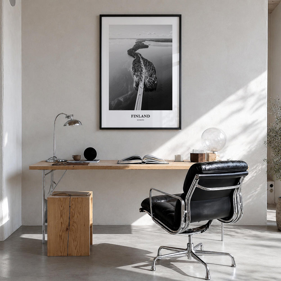 Finland black & white classic poster of Europe – vertical wall art in black wood frame, hanging on wall