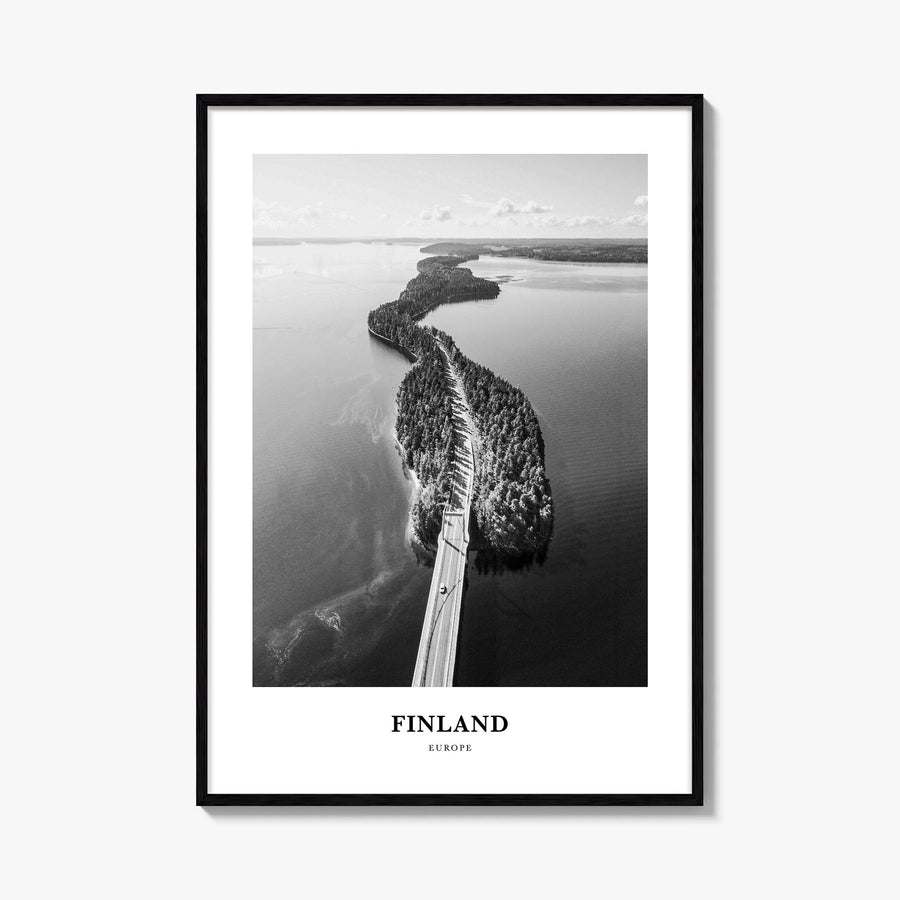 Finland black & white classic poster of Europe – vertical wall art, unframed print shown in interior mockup