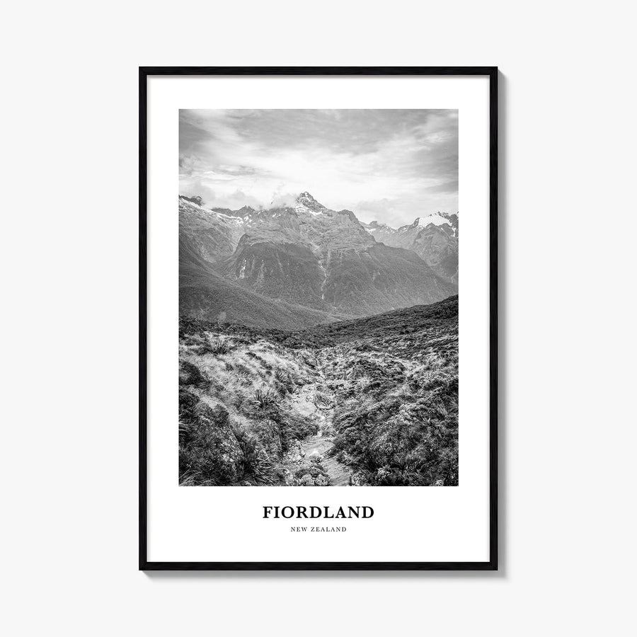 Fiordland National Park black & white classic poster of New Zealand – vertical wall art, unframed print shown in interior moc