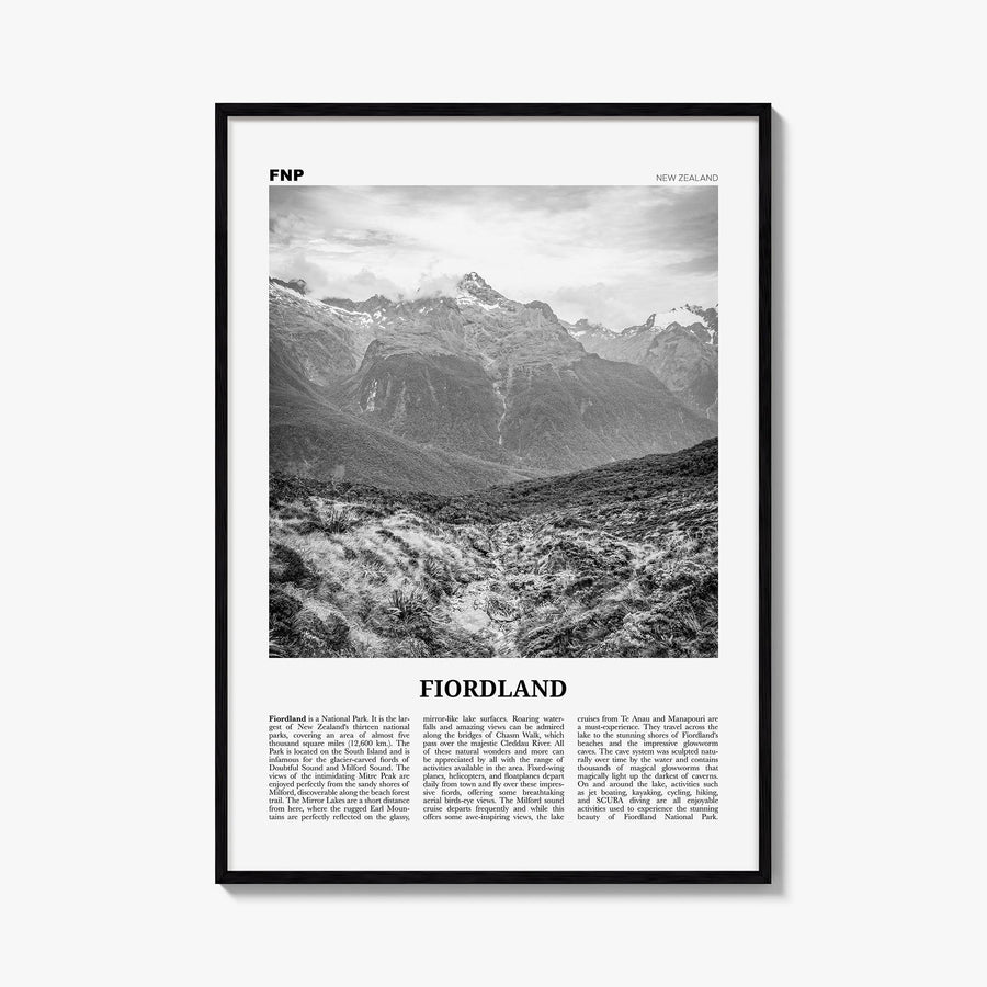 Fiordland National Park black & white newspaper poster of New Zealand – vertical wall art, unframed print shown in interior m