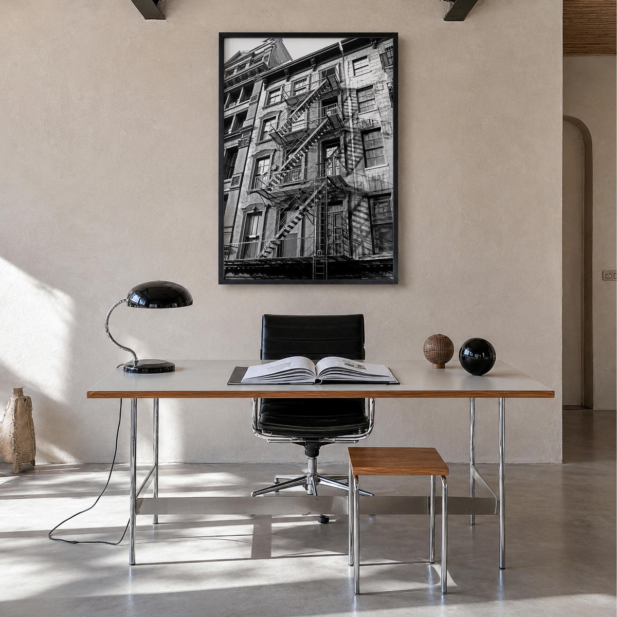 Fire Escapes no. 1 black & white photo poster – vertical wall art in black wood frame, hanging on wall