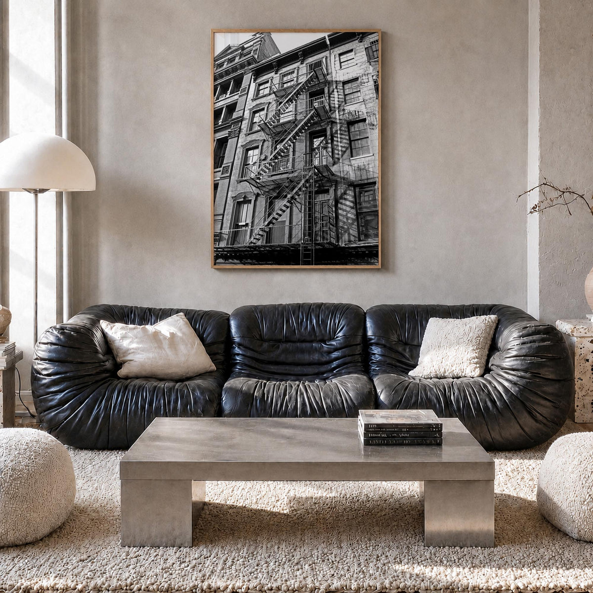 Fire Escapes no. 1 black & white photo poster – vertical wall art in natural wood frame, hanging on wall