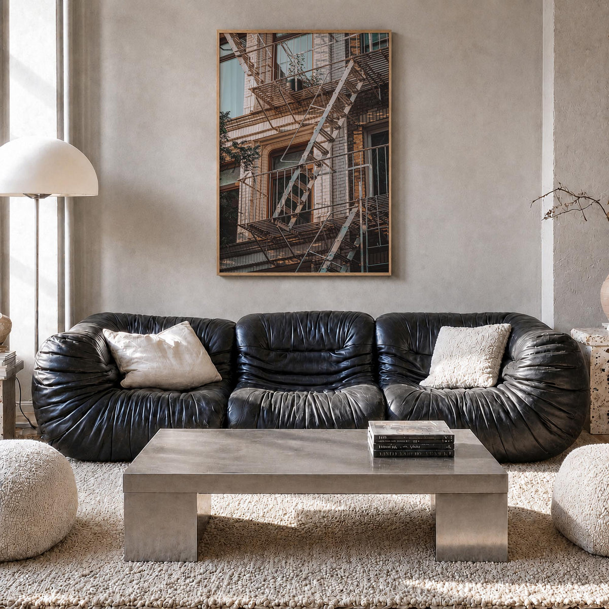 Fire Escapes no. 1 colorful photo poster – vertical wall art in natural wood frame, hanging on wall