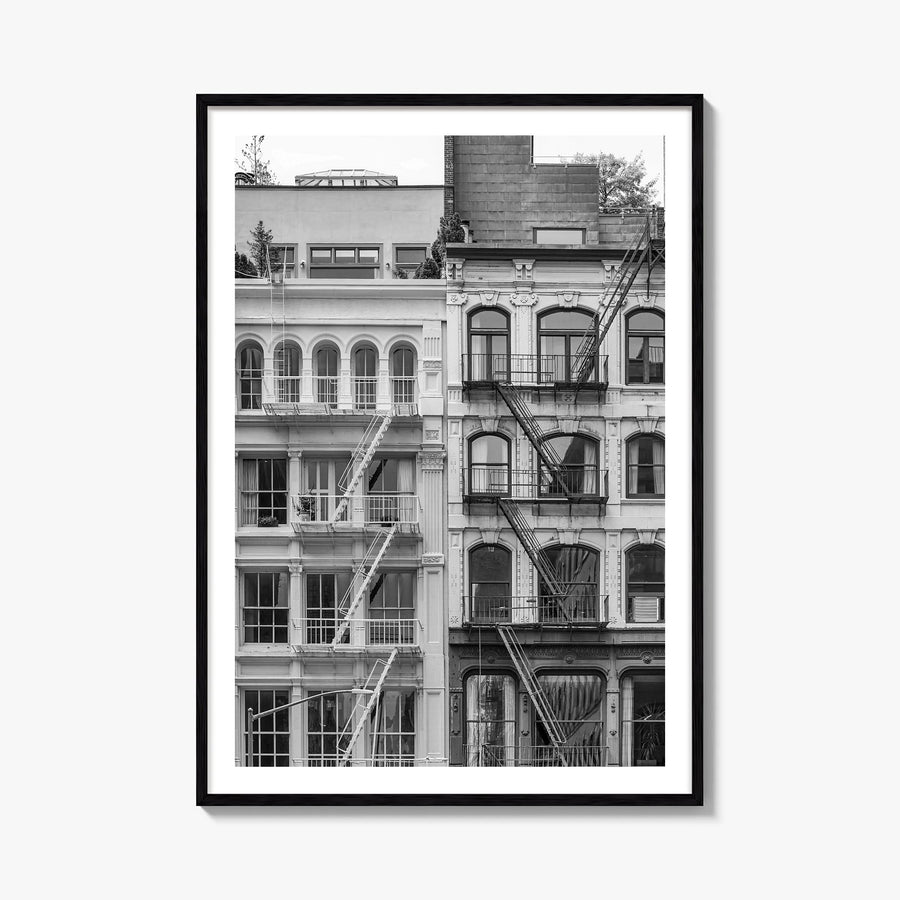 Fire Escapes no. 2 black & white photo poster – vertical wall art, unframed print shown in interior mockup