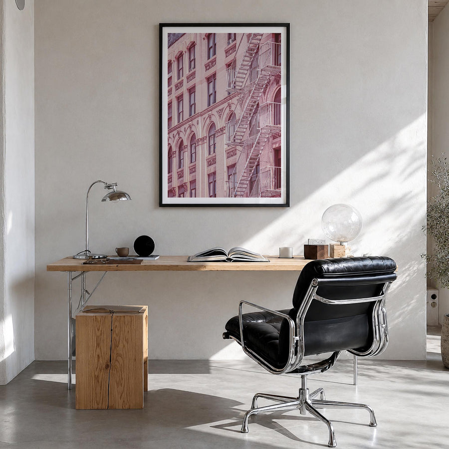 Fire Escapes no. 2 colorful photo poster – vertical wall art in black wood frame with white border, hanging on wall