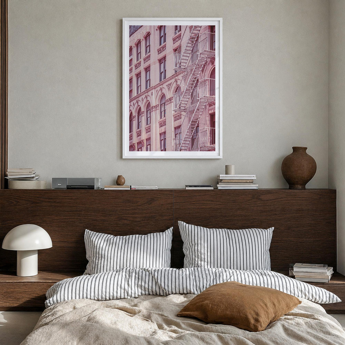 Fire Escapes no. 2 colorful photo poster – vertical wall art in white wood frame with white border, hanging on wall