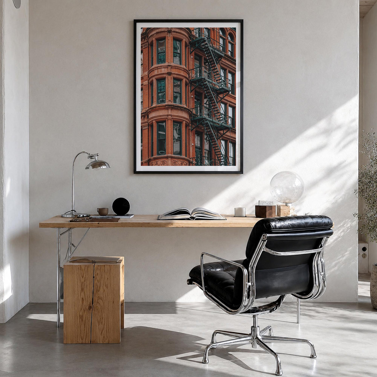 Fire Escapes no. 3 colorful photo poster – vertical wall art in black wood frame with white border, hanging on wall