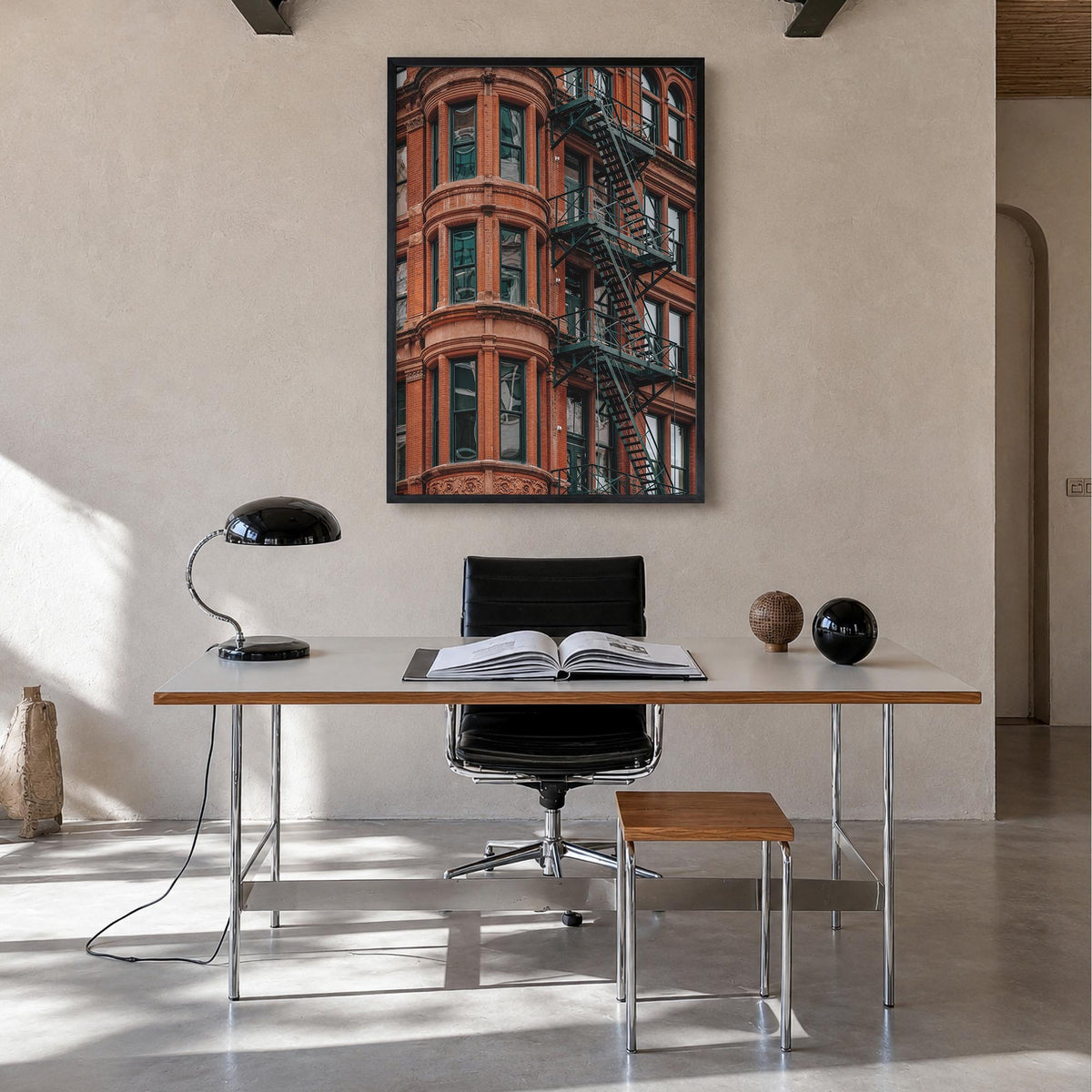 Fire Escapes no. 3 colorful photo poster – vertical wall art in black wood frame, hanging on wall