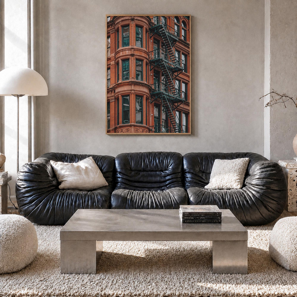 Fire Escapes no. 3 colorful photo poster – vertical wall art in natural wood frame, hanging on wall