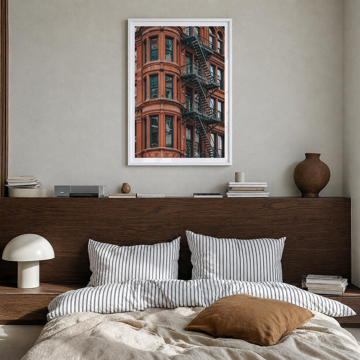 Fire Escapes no. 3 colorful photo poster – vertical wall art in white wood frame with white border, hanging on wall