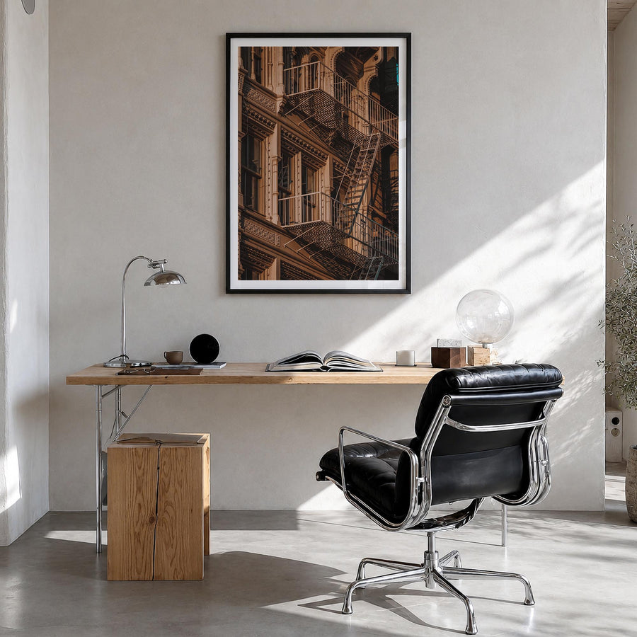 Fire Escapes no. 4 colorful photo poster – vertical wall art in black wood frame with white border, hanging on wall