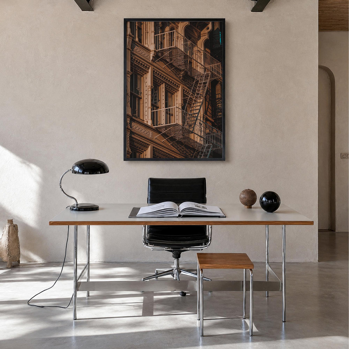 Fire Escapes no. 4 colorful photo poster – vertical wall art in black wood frame, hanging on wall