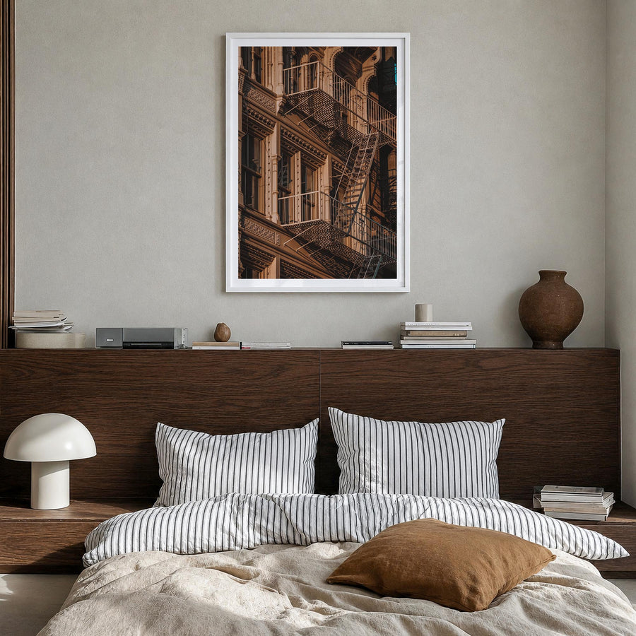 Fire Escapes no. 4 colorful photo poster – vertical wall art in white wood frame with white border, hanging on wall
