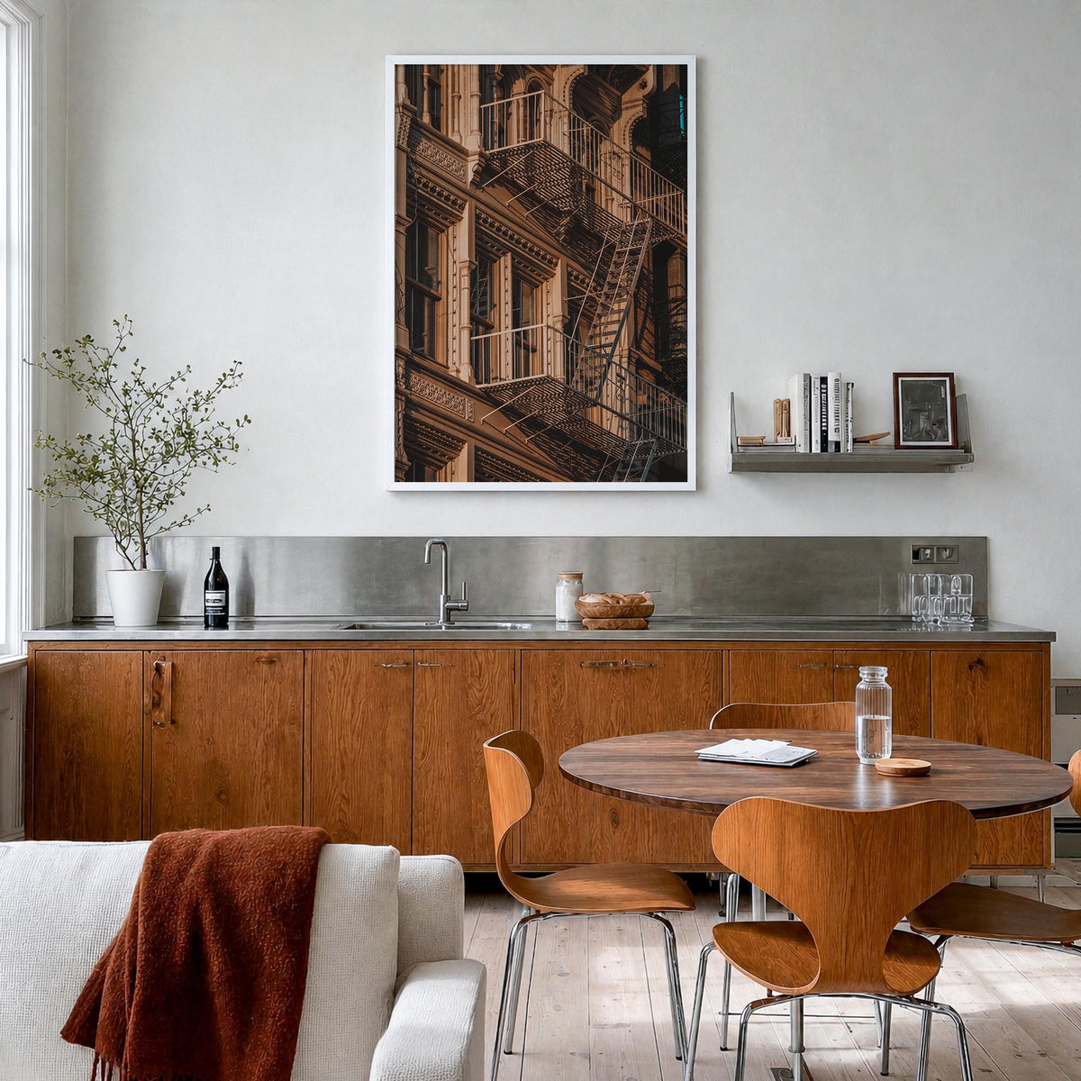 Fire Escapes no. 4 colorful photo poster – vertical wall art in white wood frame, hanging on wall
