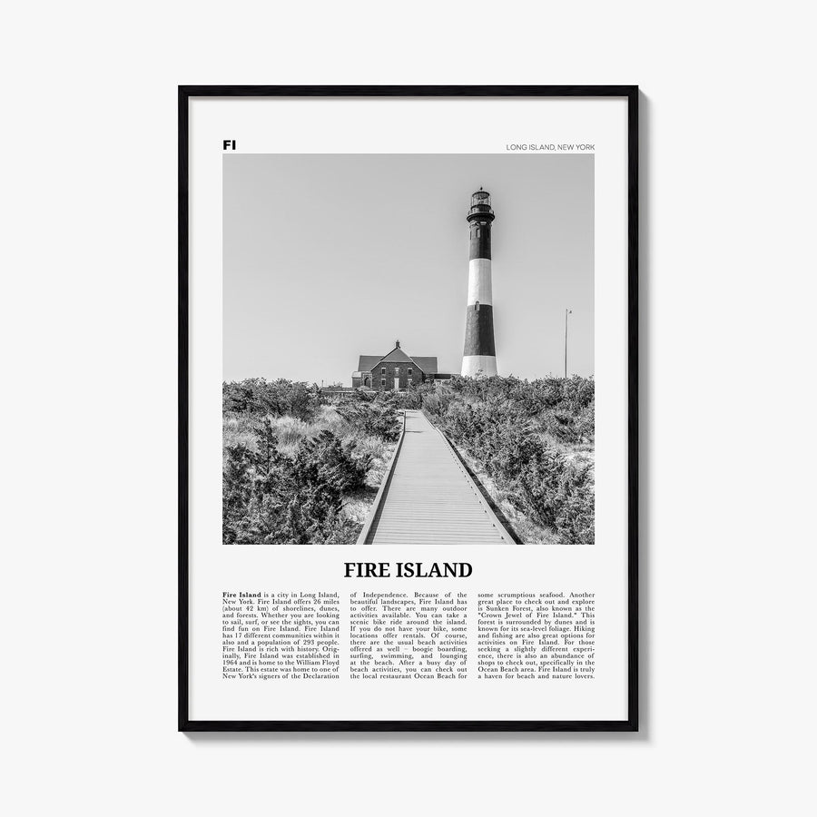 Fire Island black & white newspaper poster of Long Island, New York – vertical wall art, unframed print shown in interior moc