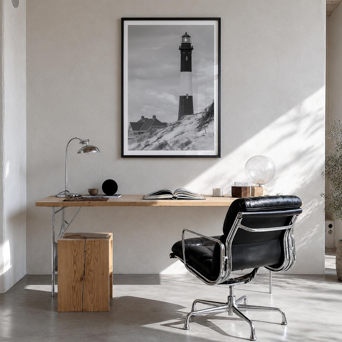 Fire Island black & white photo poster of Long Island, New York – vertical wall art in black wood frame with white border, ha