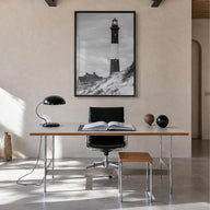 Fire Island black & white photo poster of Long Island, New York – vertical wall art in black wood frame, hanging on wall