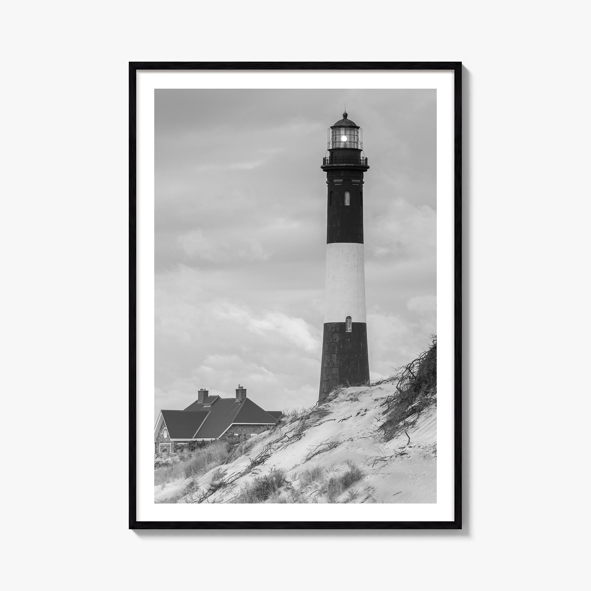 Fire Island black & white photo poster of Long Island, New York – vertical wall art, unframed print shown in interior mockup