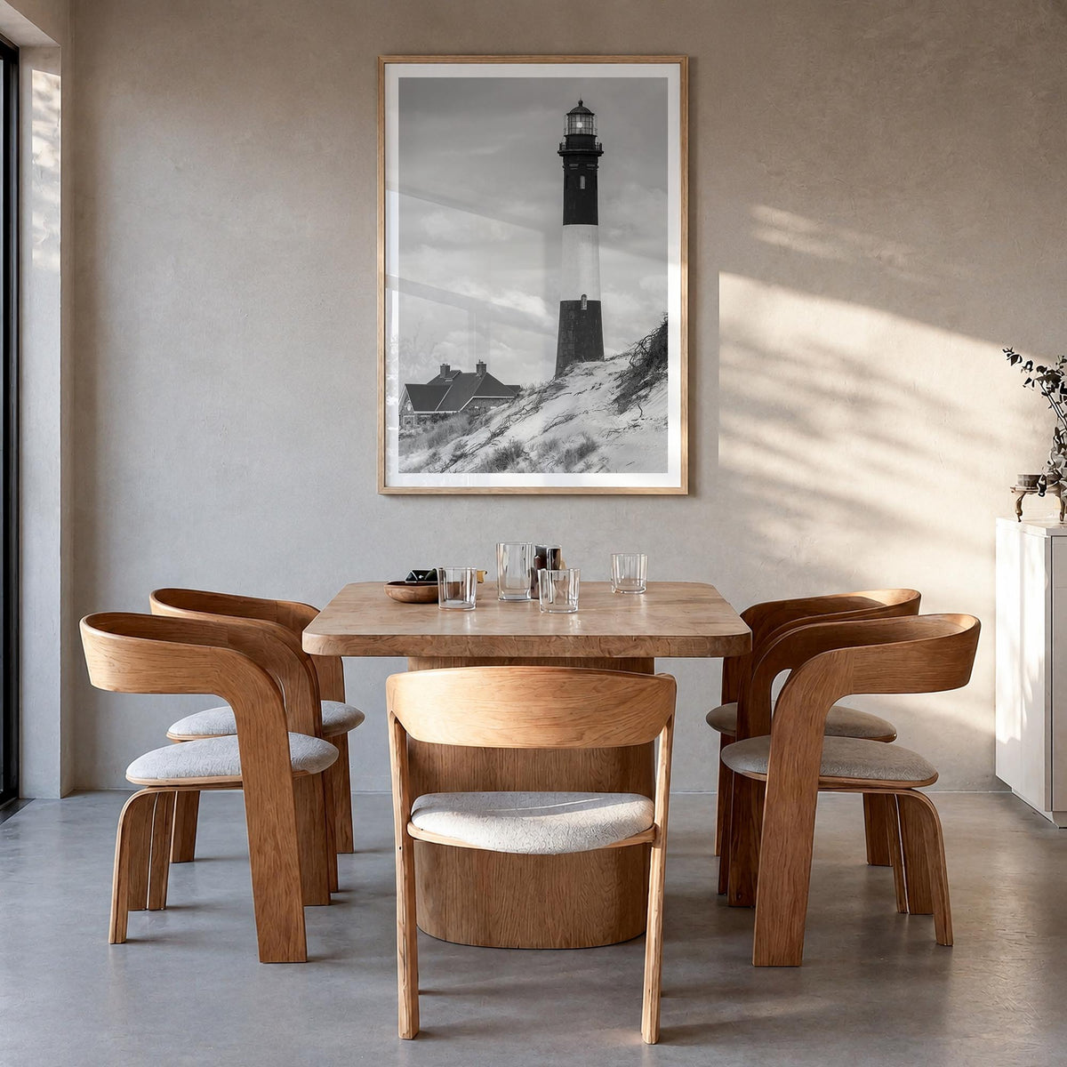 Fire Island black & white photo poster of Long Island, New York – vertical wall art in natural wood frame with white border, 