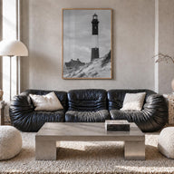 Fire Island black & white photo poster of Long Island, New York – vertical wall art in natural wood frame, hanging on wall