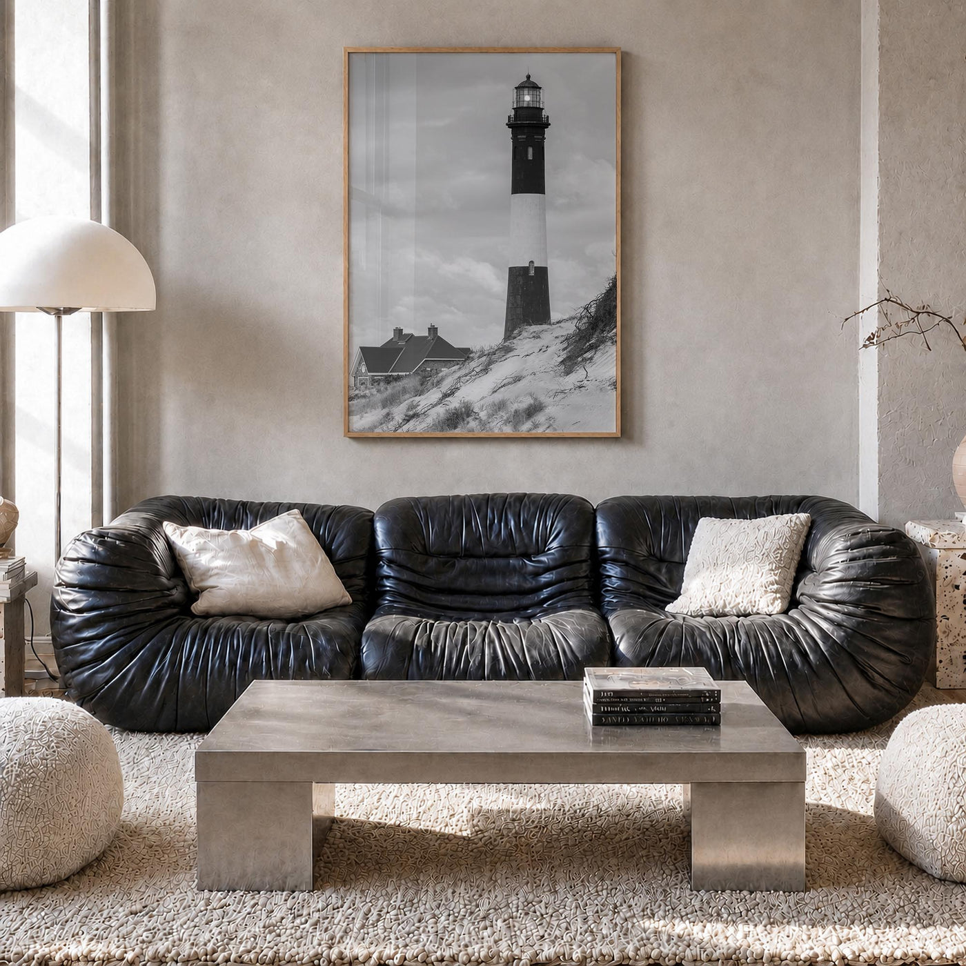 Fire Island black & white photo poster of Long Island, New York – vertical wall art in natural wood frame, hanging on wall