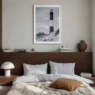 Fire Island black & white photo poster of Long Island, New York – vertical wall art in white wood frame with white border, ha