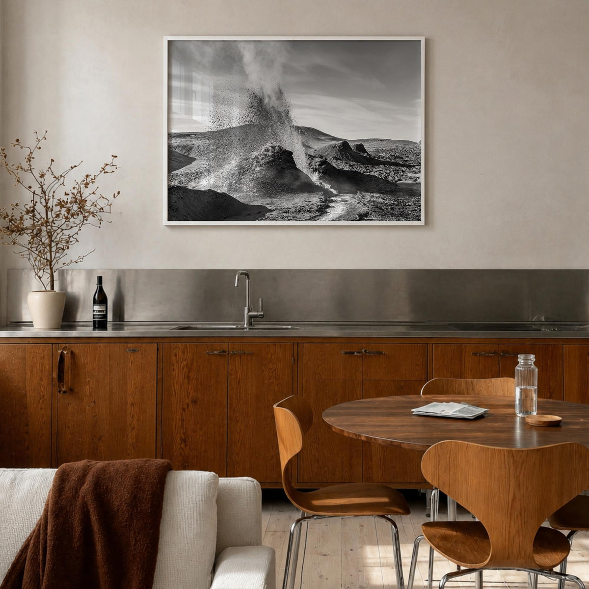 Fire Island black & white photo poster of Long Island, New York – horizontal wall art in white wood frame, hanging on wall
