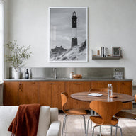 Fire Island black & white photo poster of Long Island, New York – vertical wall art in white wood frame, hanging on wall