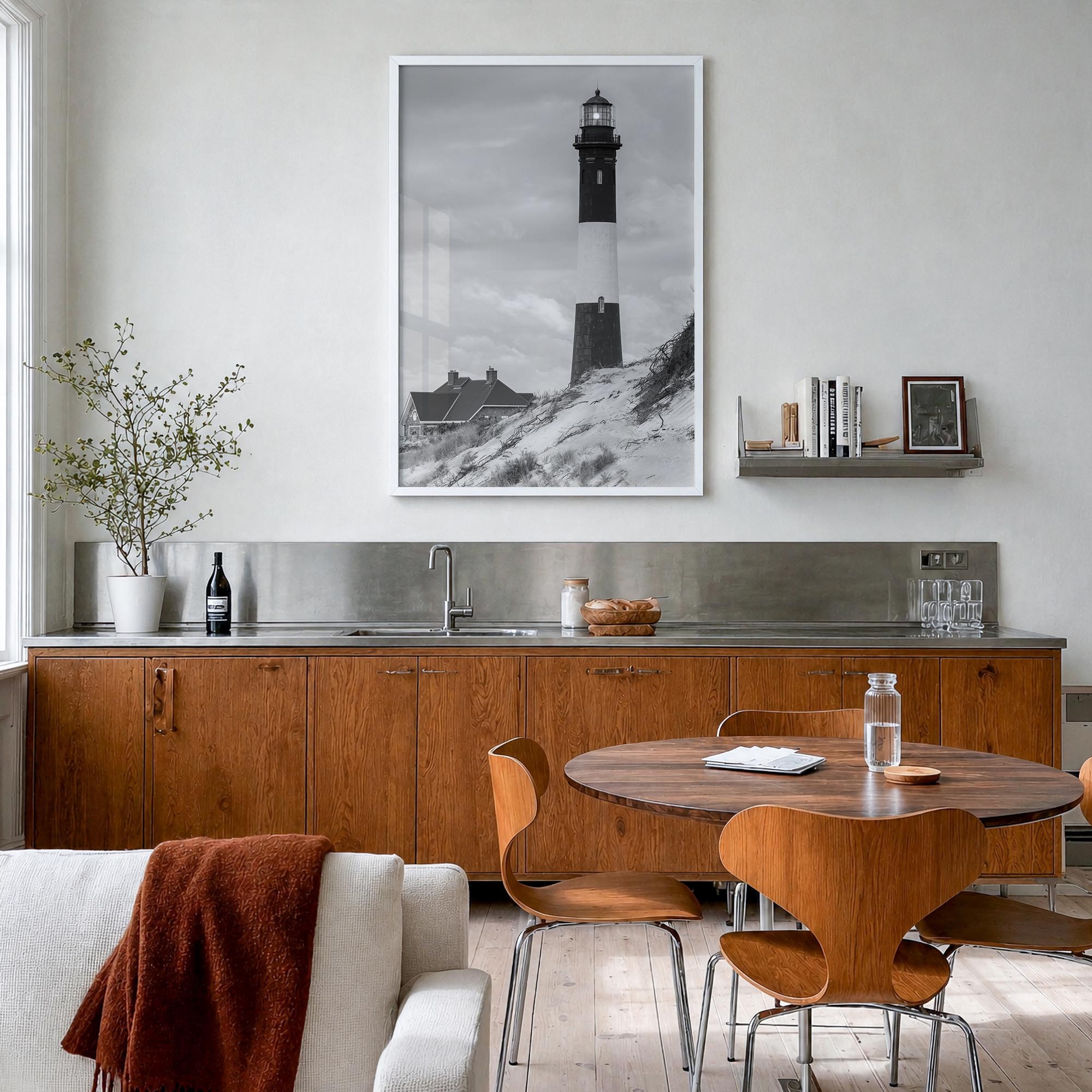 Fire Island black & white photo poster of Long Island, New York – vertical wall art in white wood frame, hanging on wall