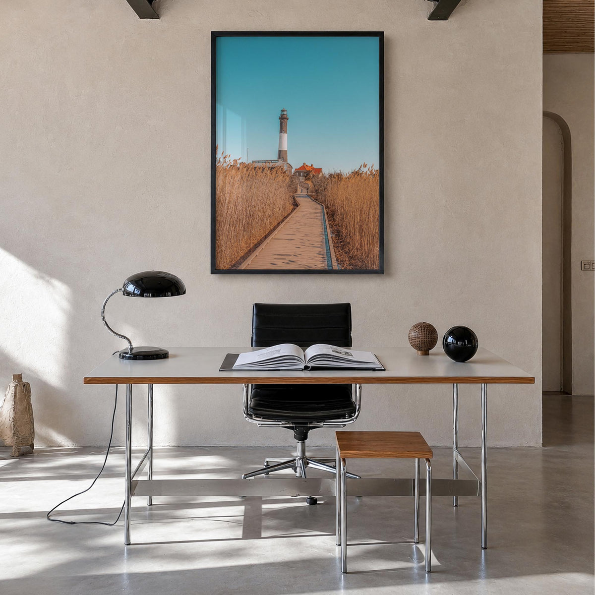 Fire Island no. 2 colorful photo poster of Long Island, New York – vertical wall art in black wood frame, hanging on wall