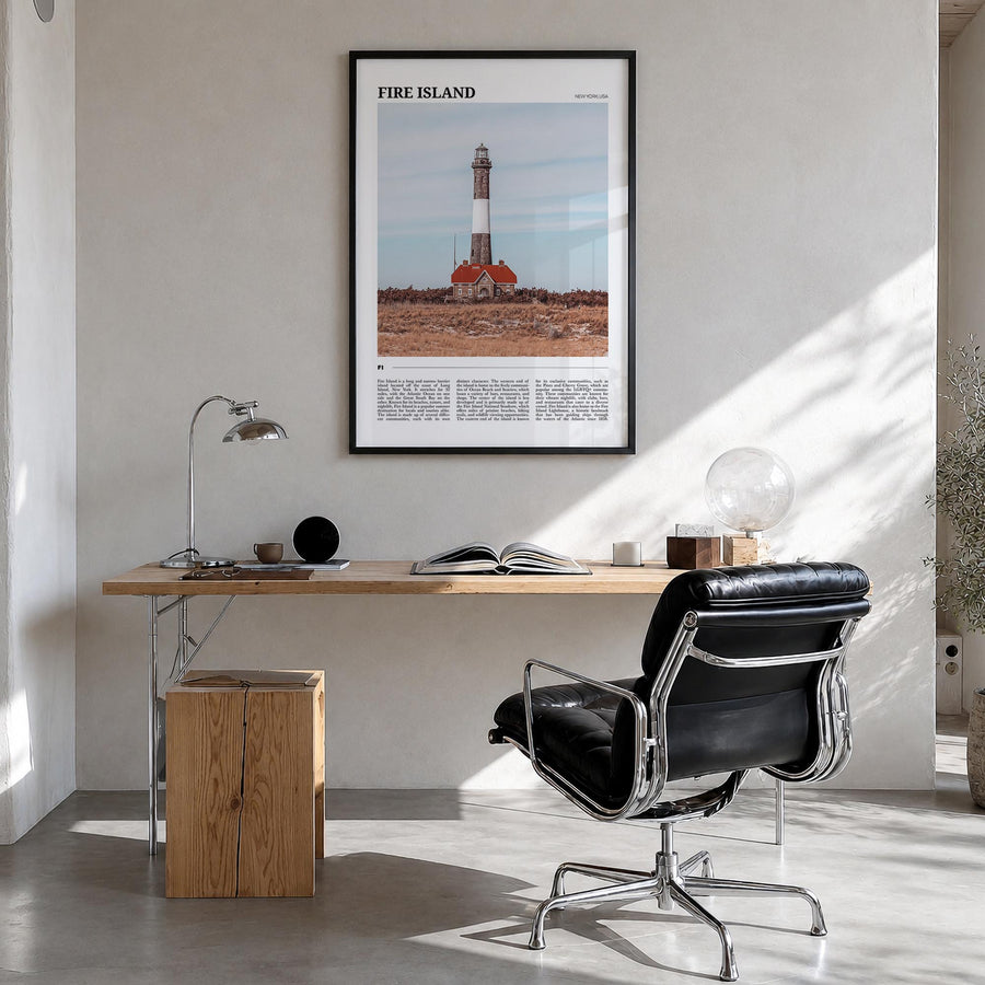 Fire Island no. 1 colorful travel poster of Long Island, New York – vertical wall art in black wood frame, hanging on wall