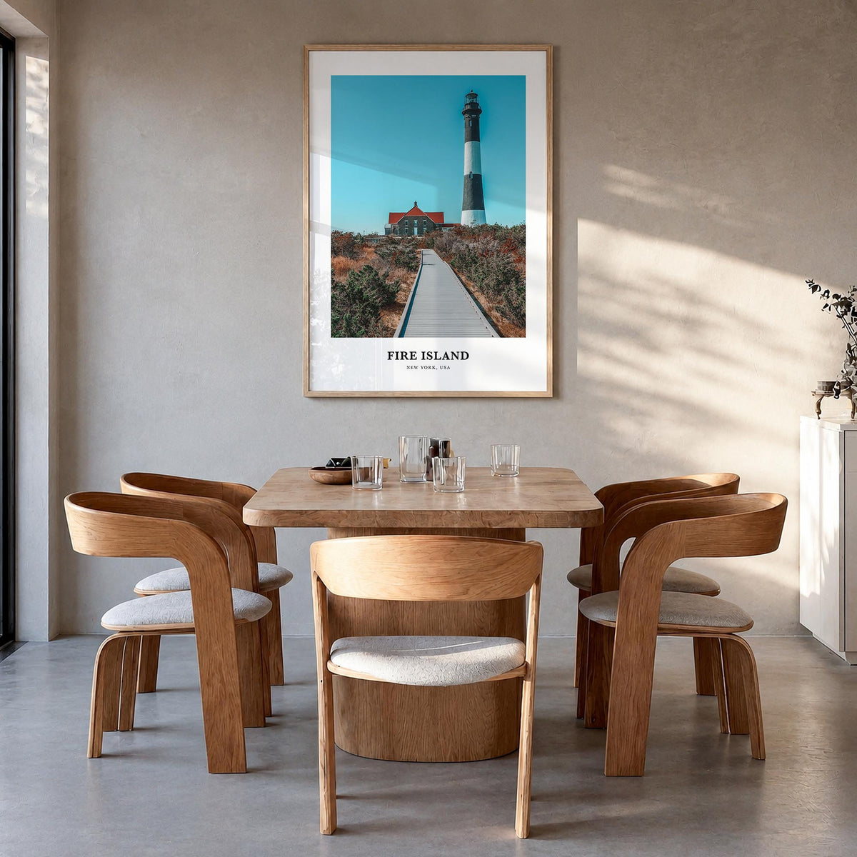 Fire Island no. 2 colorful classic poster of Long Island, New York – vertical wall art in natural wood frame, hanging on wall