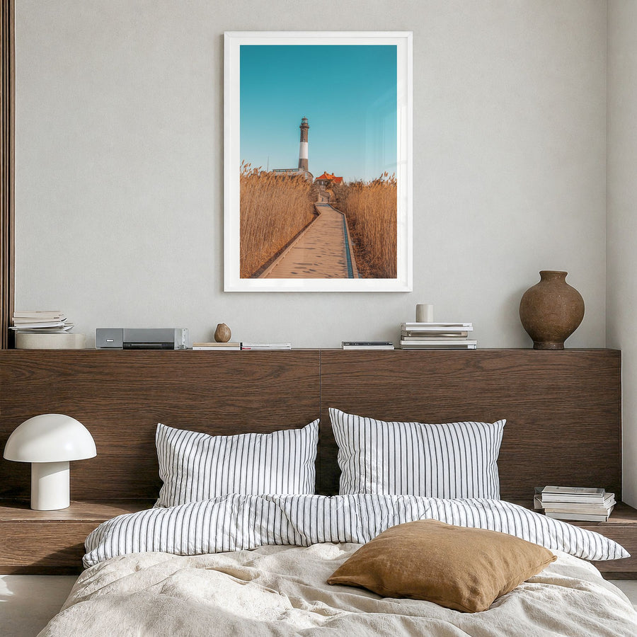 Fire Island Photo No 1 Poster in a white wood frame, hanging in a bedroom, white border