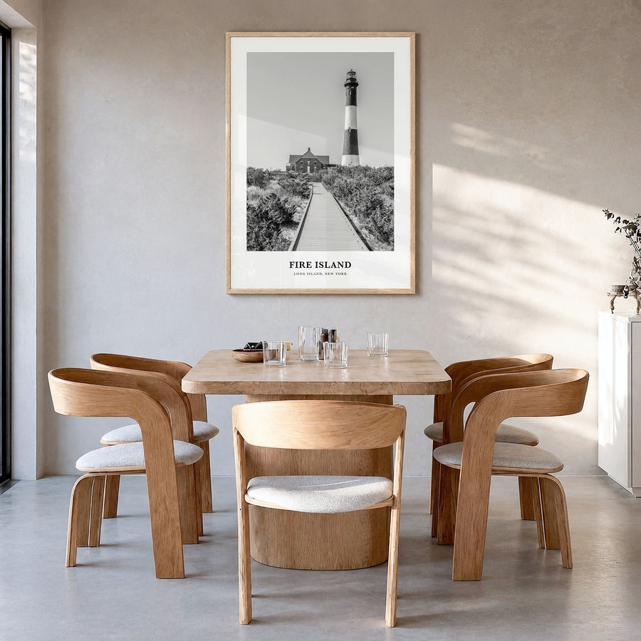 Fire Island Classic Poster in a natural wood frame, hanging in a dining room