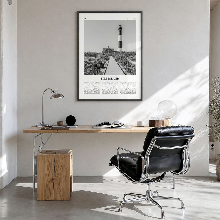 Fire Island Newspaper Poster in a black wood frame, hanging in a bright home office