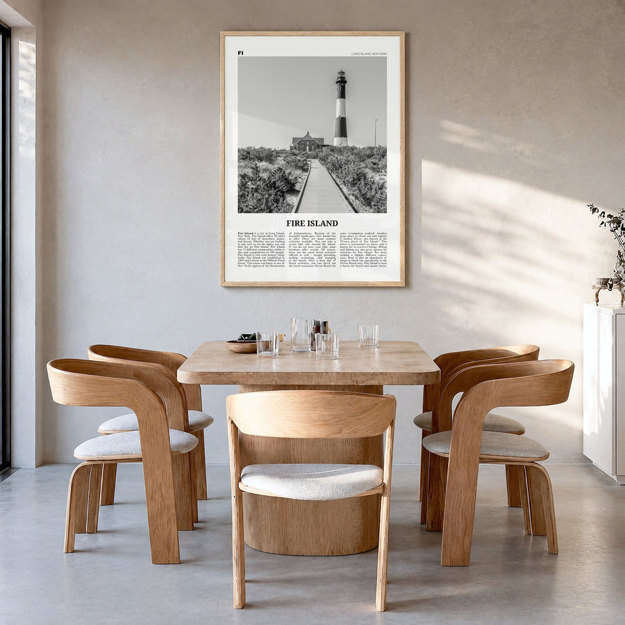 Fire Island Newspaper Poster in a natural wood frame, hanging in a dining room