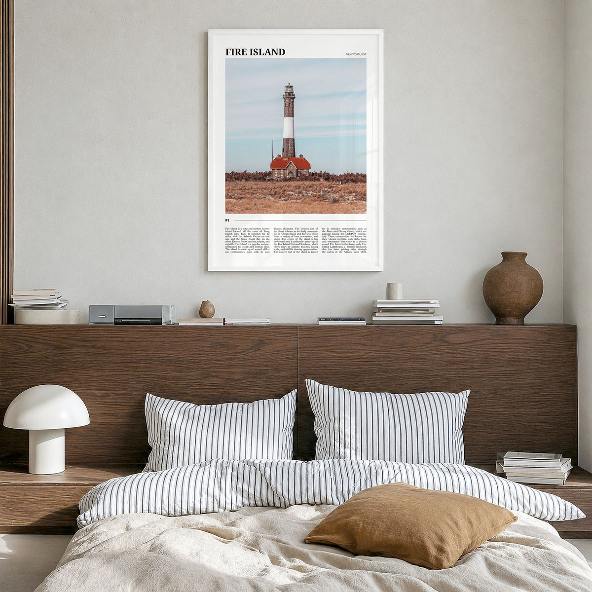Fire Island Travel No 1 Poster in a white wood frame, hanging in a bedroom