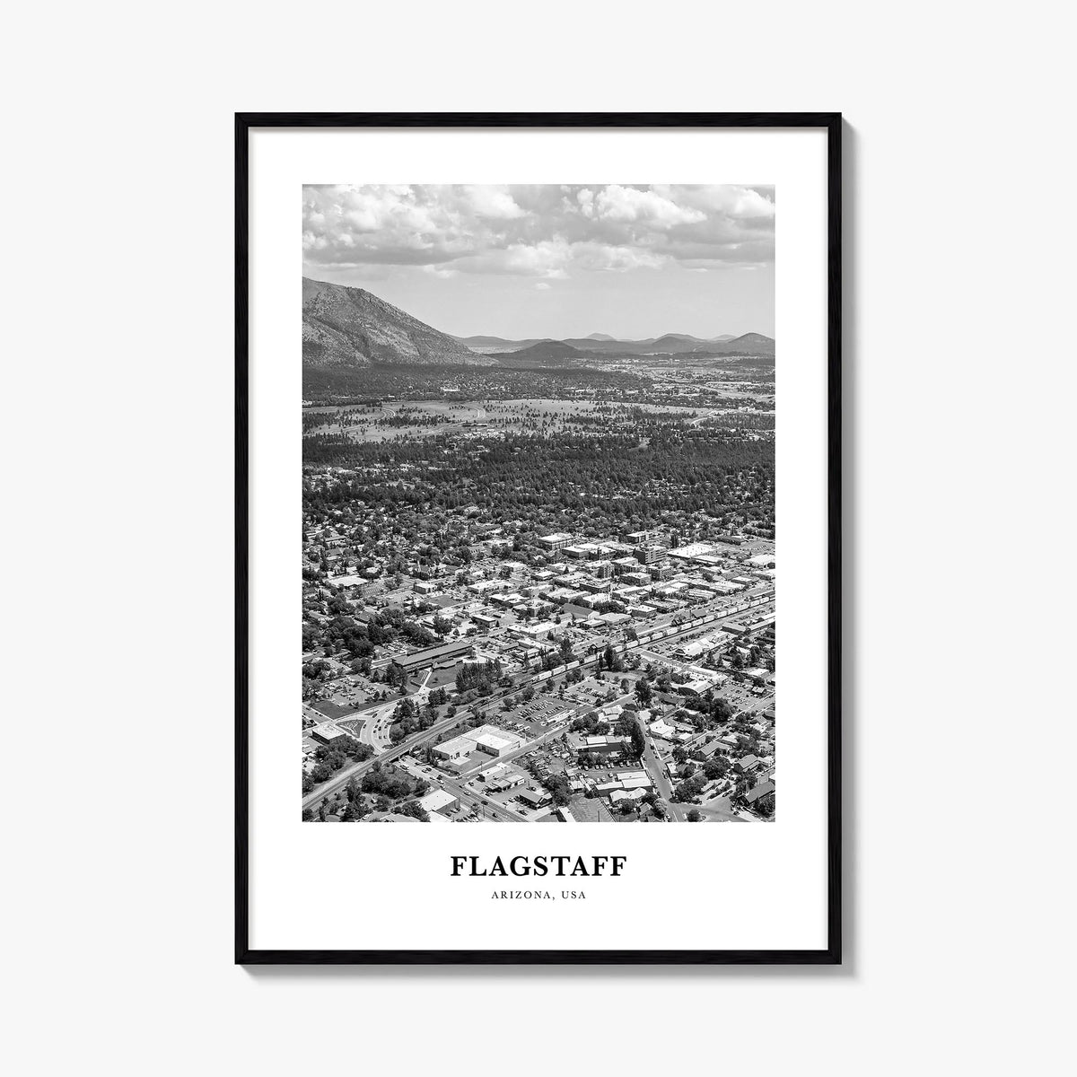 Flagstaff black & white classic poster of Arizona, USA – vertical wall art, unframed print shown in interior mockup