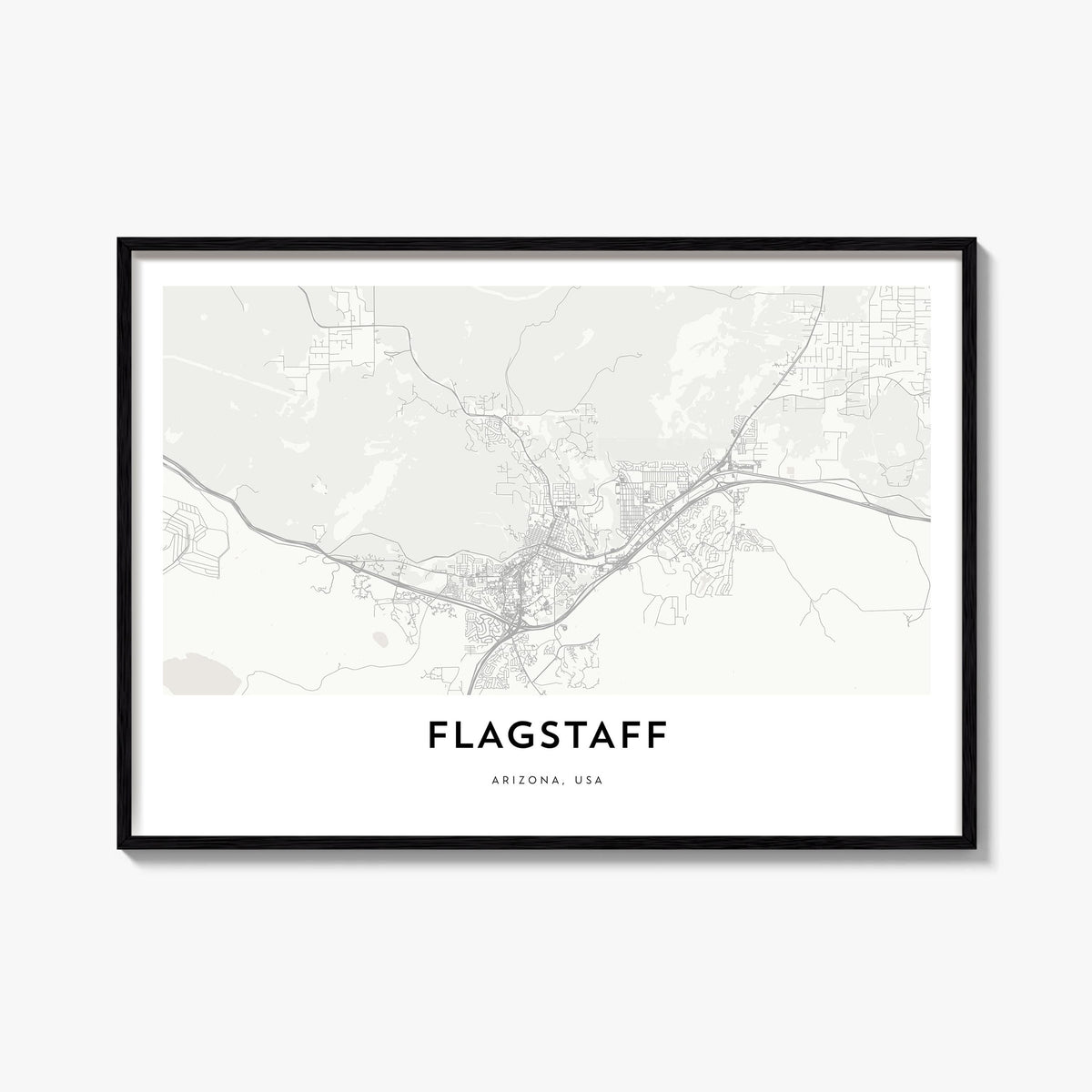 Flagstaff black & white map poster of Arizona, USA – horizontal wall art, unframed print shown in interior mockup
