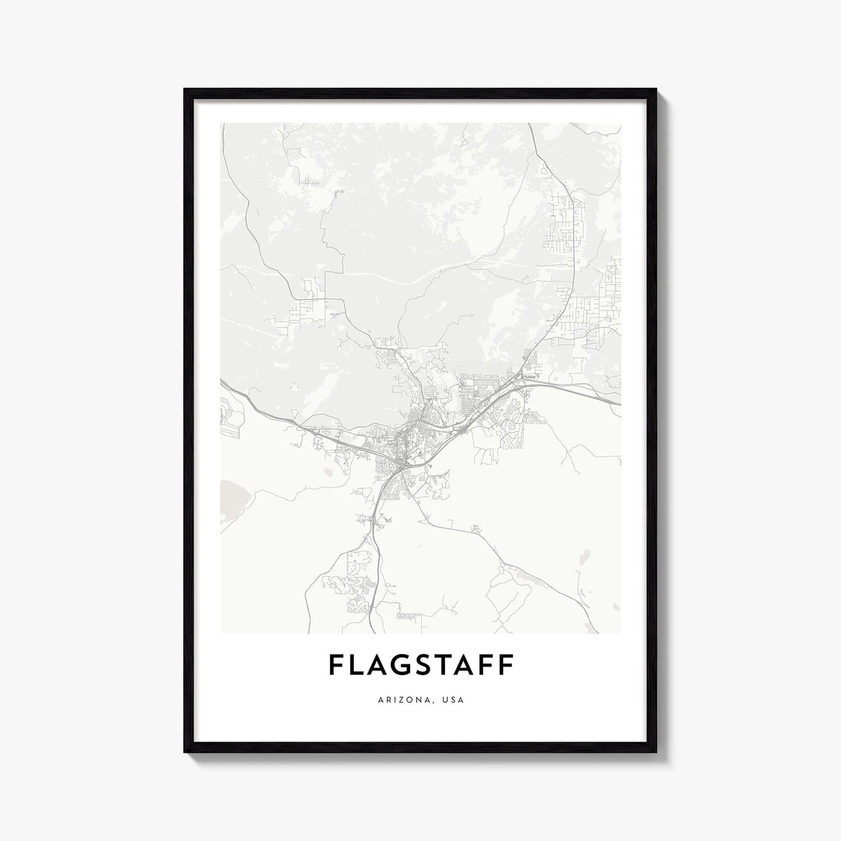 Flagstaff black & white map poster of Arizona, USA – vertical wall art, unframed print shown in interior mockup