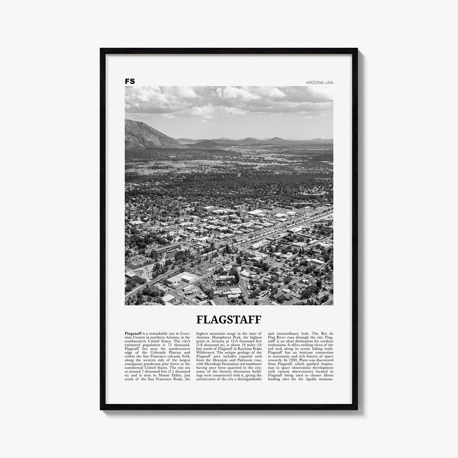Flagstaff black & white newspaper poster of Arizona, USA – vertical wall art, unframed print shown in interior mockup