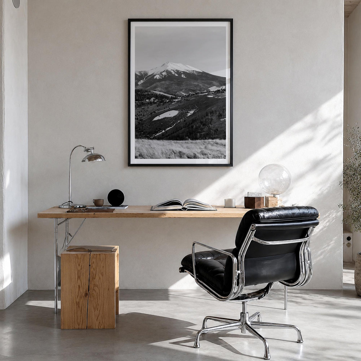 Flagstaff black & white photo poster of Arizona, USA – vertical wall art in black wood frame with white border, hanging on wa
