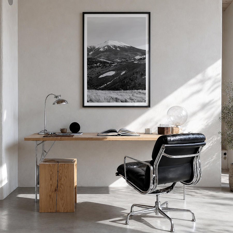 Flagstaff black & white photo poster of Arizona, USA – vertical wall art in black wood frame with white border, hanging on wa