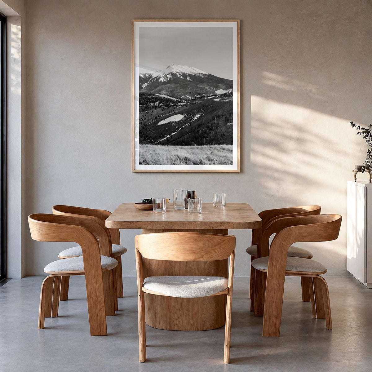 Flagstaff black & white photo poster of Arizona, USA – vertical wall art in natural wood frame with white border, hanging on 
